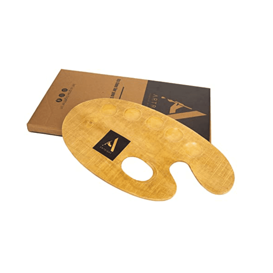 ArtRight Oval Wooden Painting Palette - 36x21cm Handmade Paint Palette with Thumb Hole and 5 Pits