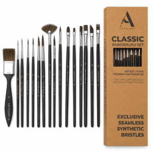 ArtRight 16-Piece Assorted Artist Paint Brush Set with Wash Brush – Bold Black Edition