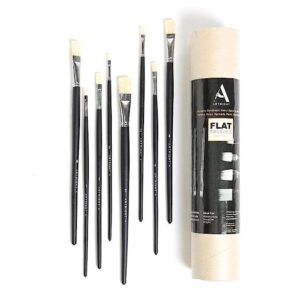ArtRight Flat Paintbrush Set of 8 (Hog Paintbrush Set of 8) - Long Handle Artist Paintbrush Set with Natural Hair for Oil Painting & Mixed Media-Black