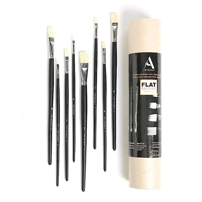 ArtRight Flat Paintbrush Set of 8 (Hog Paintbrush Set of 8) - Long Handle Artist Paintbrush Set with Natural Hair for Oil Painting & Mixed Media-Black