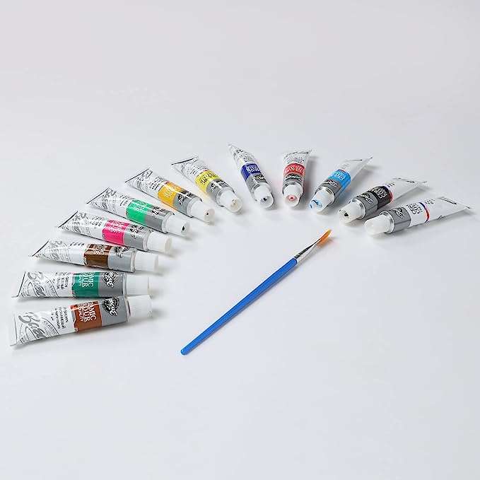 ArtRight 12 x 12ml Ceramic Paint Set with Free Paint Brush - Acid-Free, Non-Toxic Multicolored Artists' Colors for Tiles, Ceramics & Hard Surface (12ml, 0.4oz)