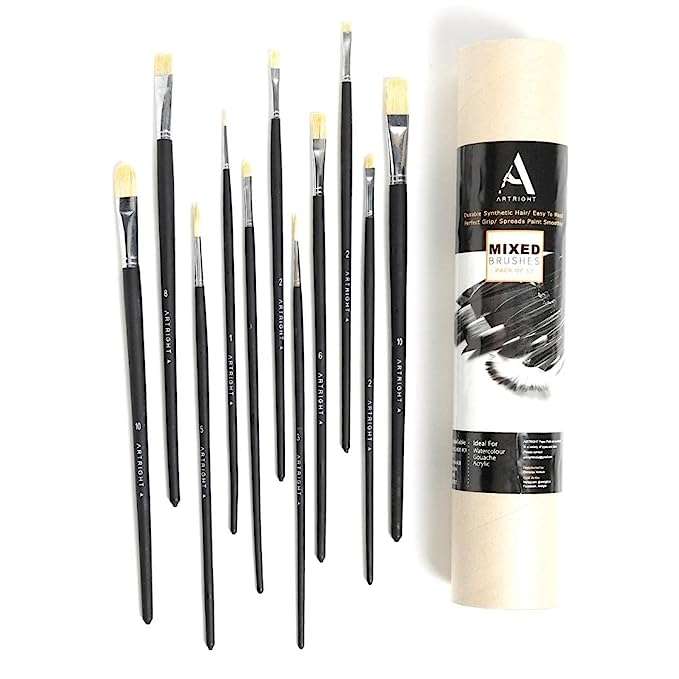 ArtRight Mix Paint Brush Set of 11 - Long Handle Artist Paintbrush Set with Natural Hair for Oil Painting & Mixed Media ; Black