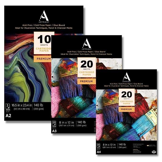 ArtRight Drawing Paper Combo of A2 (10 Sheets) + A3 (20 Sheets) + A4 (20 Sheets) - Handmade Acid Free Watercolor Mixed-Media Papers for Drawing, Sketching & Painting : 300 GSM