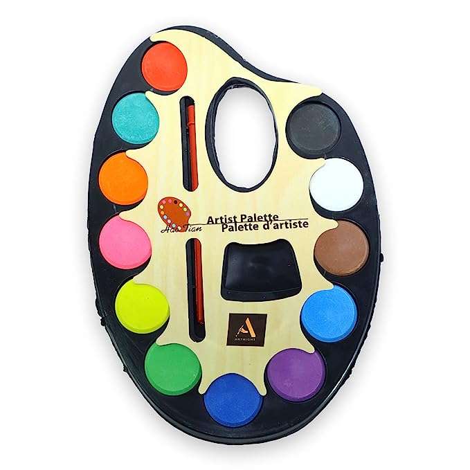 ArtRight Kids Color Mixing Palette with 12 Pits & Integrated Water Colors (20 * 12 cm) with Thumb Hole ; Easy Clean Non-Stick Artist Pallet for Oil Watercolor Craft DIY Art Painting…