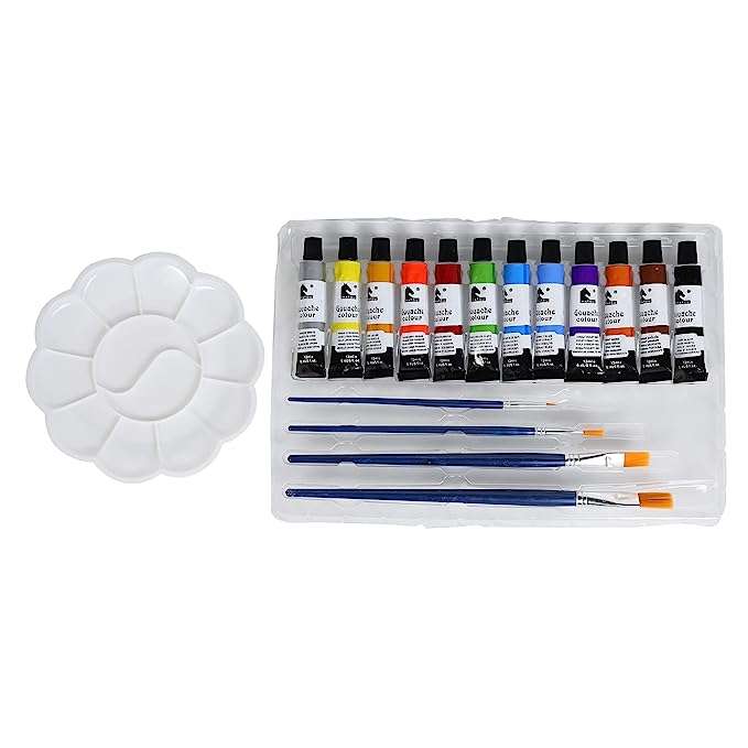 ArtRight 12 x 12ml Gouache Paint Set with 4 Free Paint Brushes - Acid-Free, Non-Toxic Multicolored Artists' Gouache Colors for Mixed Media Painting
