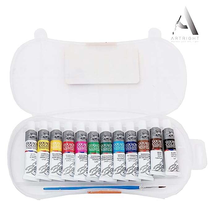 ArtRight 12 x 12ml Gouache Paint Set with Free Paint Brush - Artist Quality - 12 Premium Gouache Colors for Acrylic, Gouache & Multimedia Painting - (12ml ; 0.4oz)