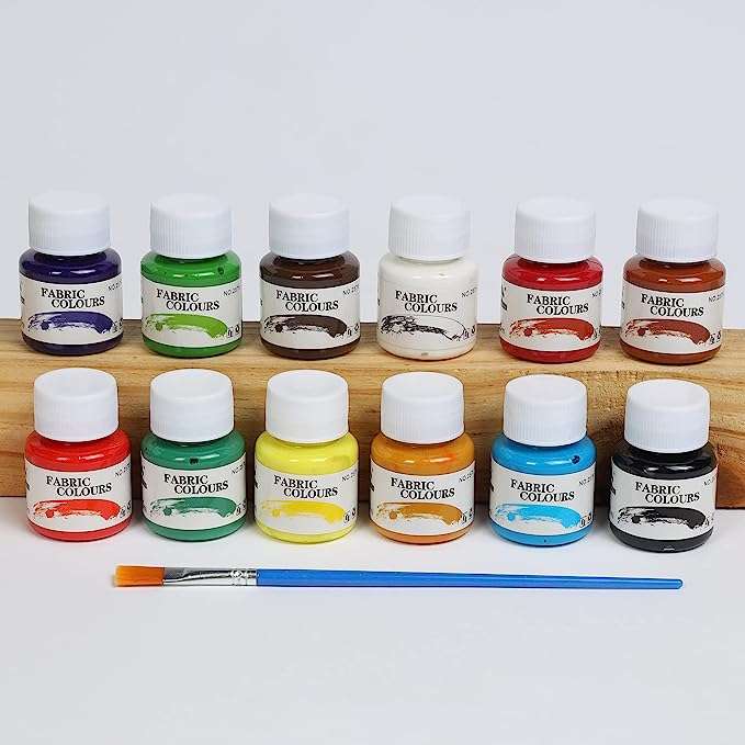 ArtRight 12 x 25ml Fabric Paint Set with Free Paintbrush - Acid-Free, Non-Toxic, and Rewettable Multicolored Artists' Fabric Colors for Painting on Fabrics and Textiles (25ml ; 0.85 oz)