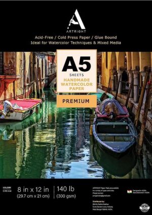 ArtRight Artists' 20 Watercolor Sheets A5 (300 GSM) - 20 Sheets of Handmade Rough Grain Water Colour Papers