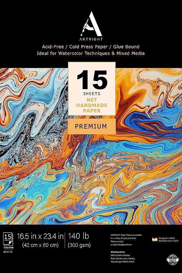 ArtRight Artists' Acrylic Paper (A2 Pack of 15 Sheets, 300 GSM); 300 GSM Handmade Sheets for Gouache & Acrylic Media (Papers for Acrylic & Gouache Media)