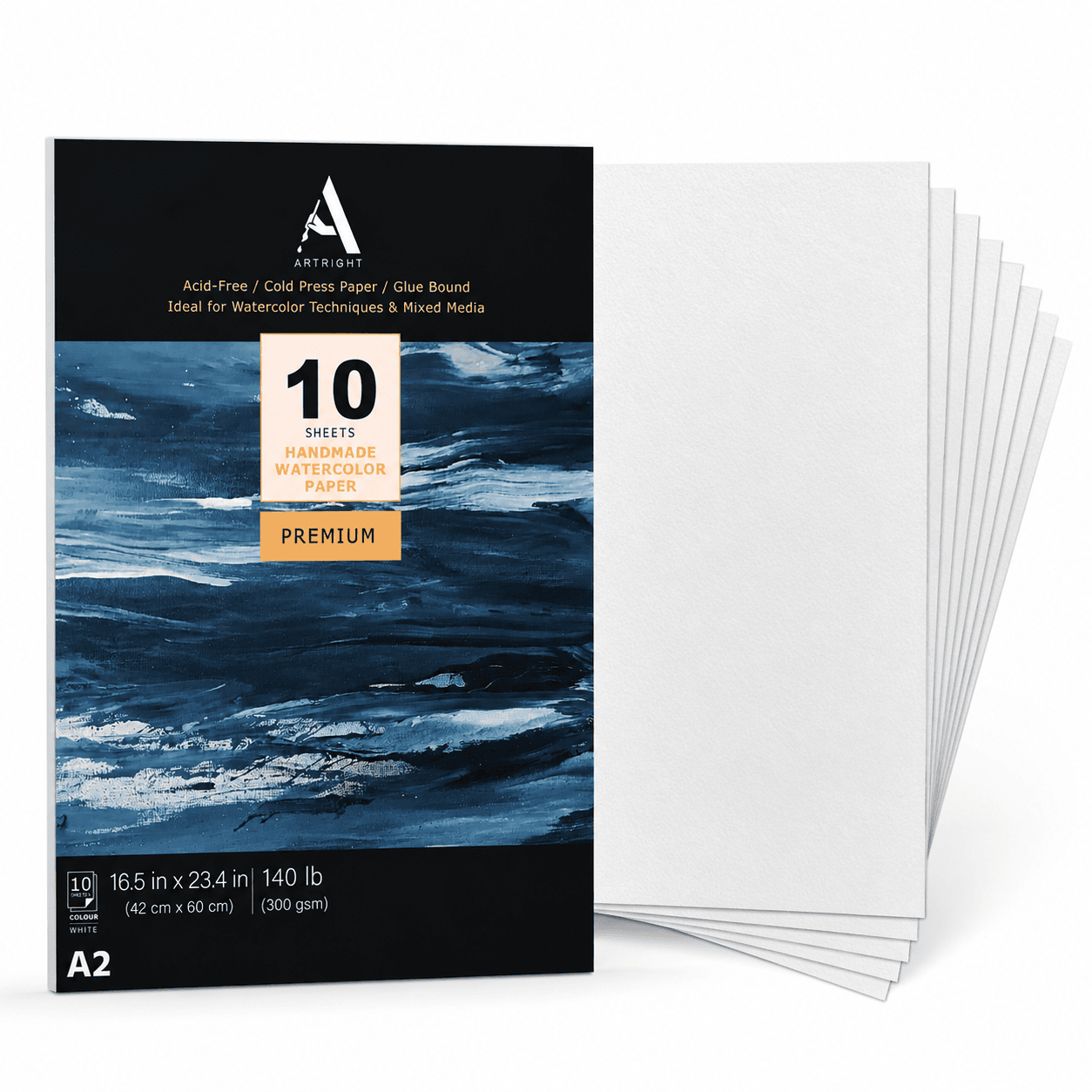 ArtRight A2 Watercolor Paper, 300 GSM – 10 Handmade Rough-Grain Sheets