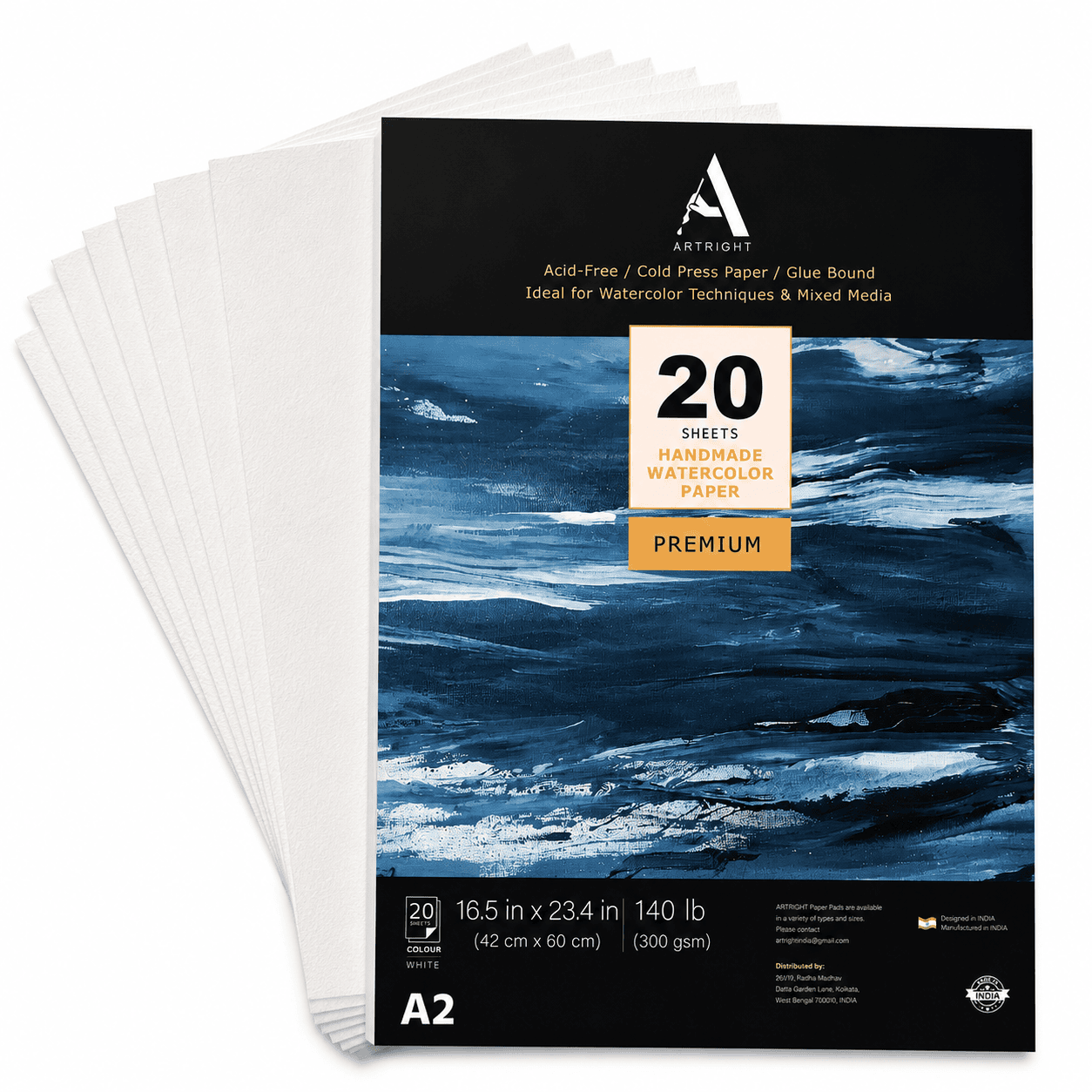 ArtRight A2 Watercolor Paper, 300 GSM – 20 Handmade Rough-Grain Sheets