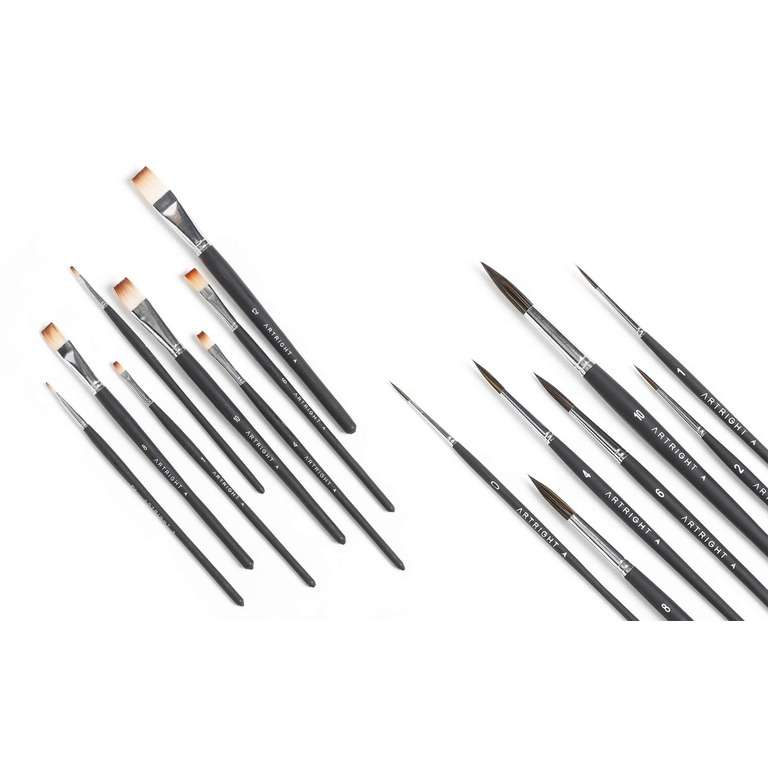 ArtRight Paintbrush Combo of Flat Paintbrush Set (8 pcs) and Round Paintbrush Set (7 pcs) - 15 Pcs Round & Flat Assorted Artist Paint Brushes Combo for Acrylic & Watercolor Painting