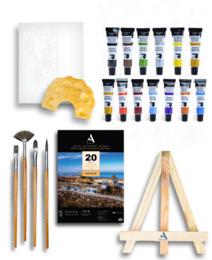ArtRight Painting Kit 39 Pcs - Art Set for Painting (4 Paint Brushes - 10" Mini Wooden Easel with Canvas - 20 A5 Watercolor Papers - Mini Painting Palette - Color Set for Kids (12 x 6ml)