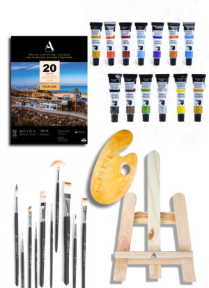 ArtRight Professional Painting Kit 44 Pcs - Paint Set for Painting (Paint Brushes Set of 10 - 1 Feet Wooden Painitng Easel - 20 A4 Watercolor Papers - Painting Palette - Color Set for Kids (12 x 12ml)