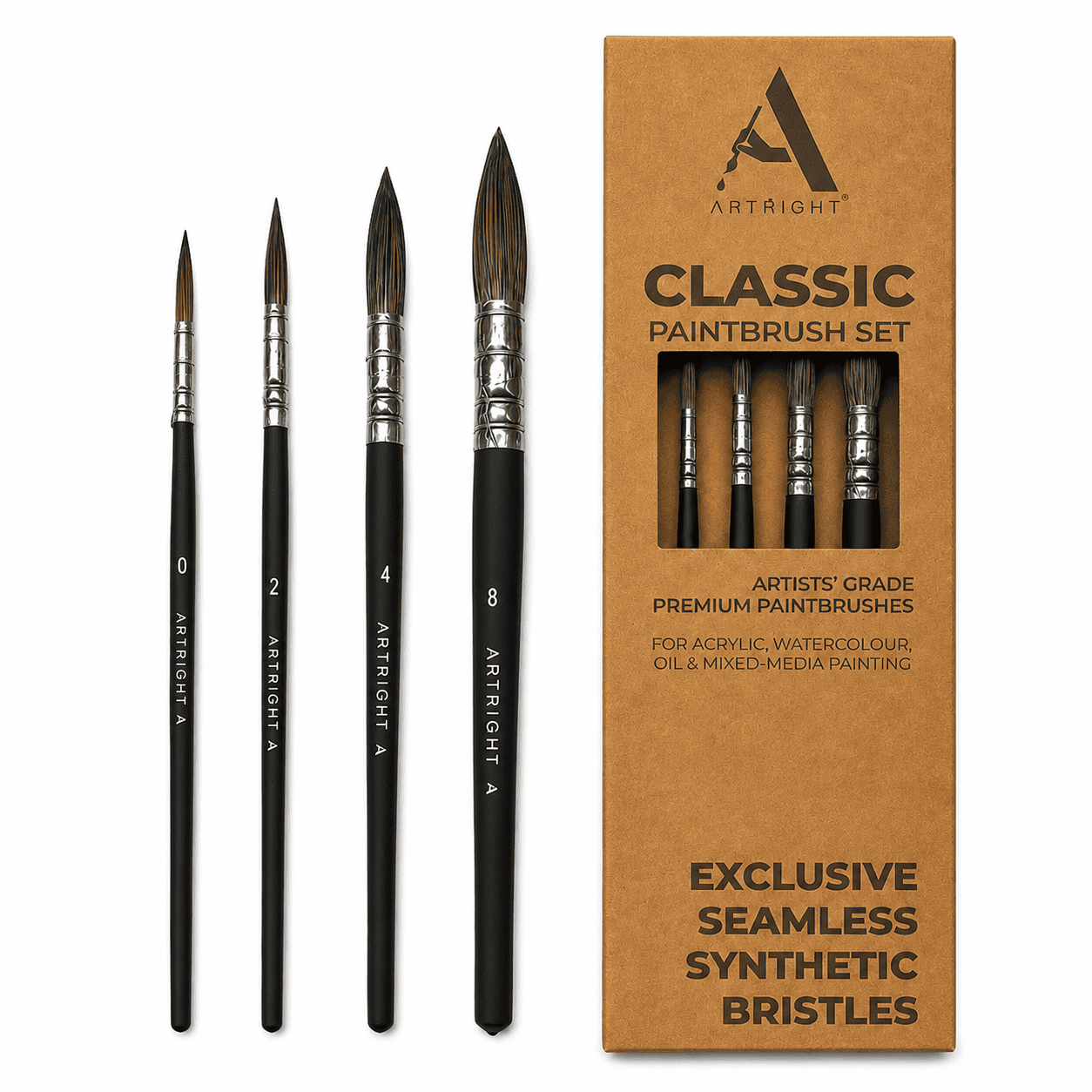 ArtRight Mop Artist Paint Brush Set of 4 – Bold Black Edition