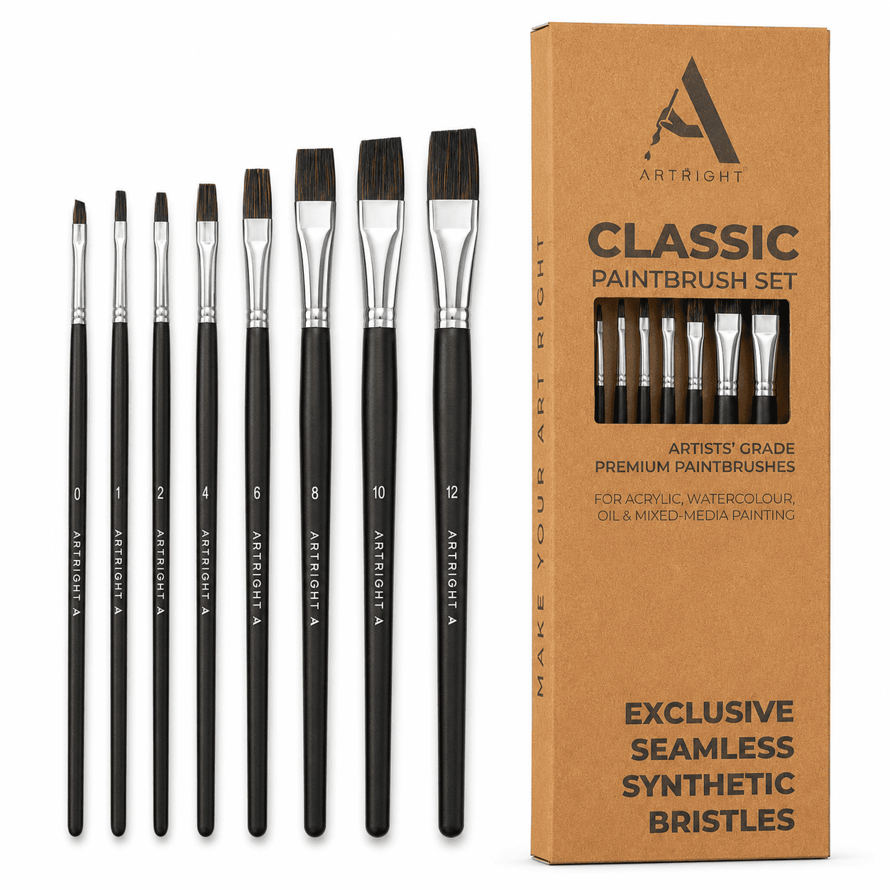 ArtRight Flat Artist Paint Brush Set of 8 – Bold Black Edition