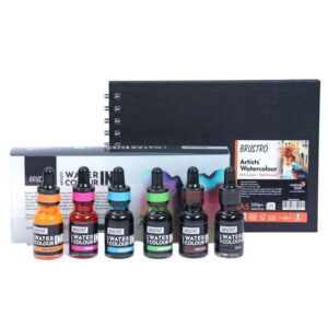 Brustro Watercolour Ink Set A of 6 x 15ml (6 Shades i.e. Fuchsia, Neon Orange, Aquamarine, Spring Green, Chocolate, Black) with Free Watercolour A5 Wiro Journal Worth Rs 399