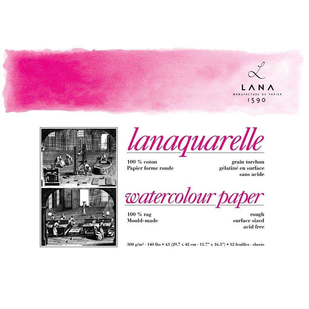 Lana Artists’ Watercolour – Lanaquarelle – A4 (21 cm x 29.7 cm) Natural White Smooth / ROUGH Press 300 GSM Paper, Short Side Glued Pad of 12 Sheets