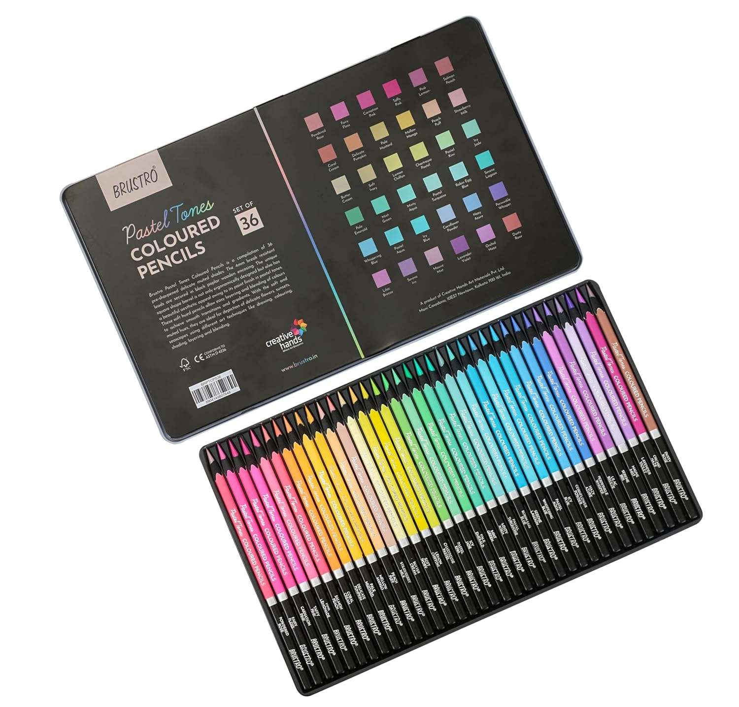 BRUSTRO Artists’ Coloured Pencils Pastel Tone Set of 36 (in Elegant tin Box)