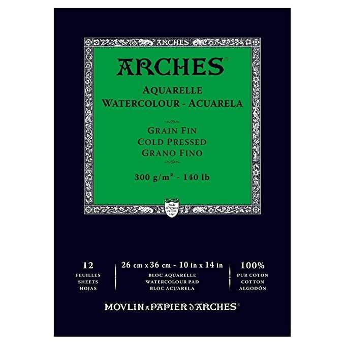Arches Watercolour- Aquarelle – 26 cm x 36 cm Natural White Fine Grain/Cold Press 300 GSM Paper, Short Side Glued Pad of 12 Sheets