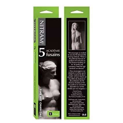NITRAM ACADEMIE FUSAINS – SOFT – B – BOX OF 5 SOFT NATURAL CHARCOAL STICKS – SQUARE – 5 MM X 5 MM X 15 CM