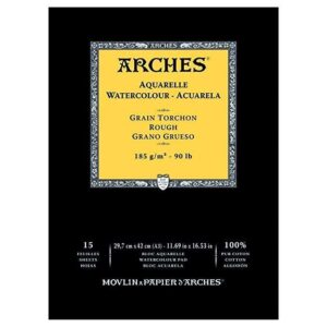 Arches Watercolour- Aquarelle – A3 (29.7 cm x 42 cm) Natural White Rough Grain 185 GSM Paper, Short Side Glued Pad of 15 Sheets