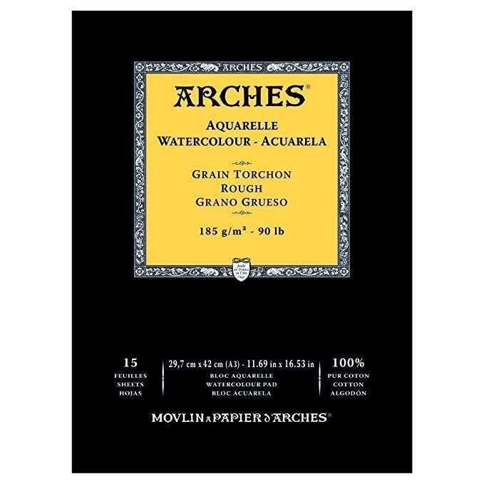 Arches Watercolour- Aquarelle – A3 (29.7 cm x 42 cm) Natural White Rough Grain 185 GSM Paper, Short Side Glued Pad of 15 Sheets