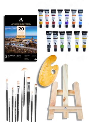 ArtRight Professional Painting Kit 44 Pcs - Paint Set for Painting (Paint Brushes Set of 10-1 Feet Wooden Painting Easel - A4 Watercolor Papers - Painting Palette - Artists Color Set of 12