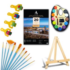 ArtRight 48 Pcs Economical Art Set for Beginners with Mini Wooden Easel, 12 Water Colour with Palette, Set of 10 Paint Brushes, A5 Watercolor Paper - 20 Sheets & Free Set of 4 Foam Rollers