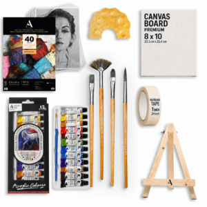 ArtRight 60-Piece Painting Kit with Mini Easel, Canvas, Brushes, Paper, Paints & Masking Tap