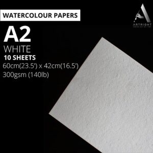ArtRight Artists' Watercolor Paper A2 300 GSM - 10 Sheets of Handmade Rough Grain Water Colour Papers for Watercolour, Acrylic, Gouache, Ink & Mixed Media