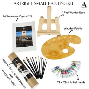 ArtRight Professional Painting Kit 44 Pcs - Paint Set for Painting (Paint Brushes Set of 10 - 1 Feet Wooden Painitng Easel - 20 A4 Watercolor Papers - Painting Palette - Color Set for Kids (12 x 12ml)