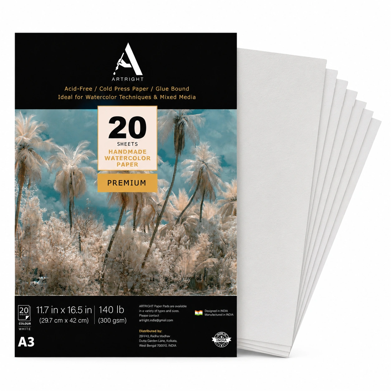 ArtRight A3 Watercolor Paper, 300 GSM – 20 Handmade Rough-Grain Sheets