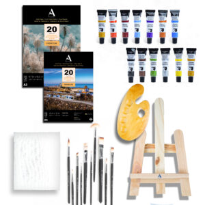 ArtRight Professional Painting Kit for Artists - All in One 65 Pcs Painting Set for Adults (1 Feet Easel + Mix Paintbrush Set of 10 + Wooden Palette + Large Canvas + 40 A3 & A4 Watercolor Papers + 12x12ml Artist Paints))