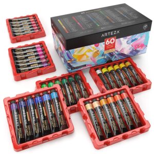 Arteza Acrylic Paint Set, 60 Colors/Tubes (22 ml, 0.74 oz.) with Storage Box, Rich, Pigments, Non Fading, Non Toxic for the Professional Artist