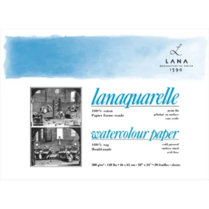 LANA ARTISTS’ WATERCOLOUR – LANAQUARELLE – 46 CM X 61 CM NATURAL WHITE FINE GRAIN / MATT SURFACE / COLD PRESS 300 GSM 100% COTTON PAPER, 4 SIDE GLUED PAD (BLOCK) OF 20 SHEETS