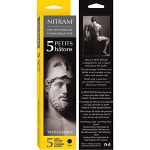 NITRAM Petits Batons – Extra Soft – B+ – Box of 5 Extra Soft Natural Charcoal Sticks – Round – 6 mm Diameter x 15 cm