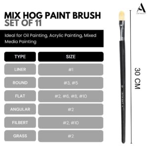 ArtRight Mix Paint Brush Set of 11 For Oil Painting - Long Handle Artist Paintbrush Set with Natural Hog Hair - Black