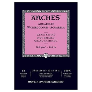 Arches Watercolour- Aquarelle – 26 cm x 36 cm Natural White Satin Grain/Hot Press 300 GSM Paper, Short Side Glued Pad of 12 Sheets
