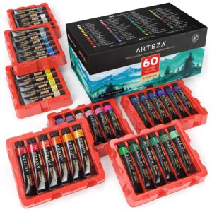 ARTEZA Watercolor Paint, Set of 60 Colors/Tubes (12 ml/0.4 US fl oz) with Storage Box, Rich Pigments, Vibrant, Non Toxic Paints for The Artist