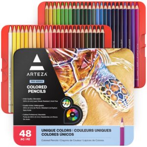 Arteza Professional Colored Pencils Set of 48 Colors, Soft Wax-Based Cores, Ideal for Drawing Art, Sketching, Shading & Coloring, Vibrant Artist Pencils in Tin Box