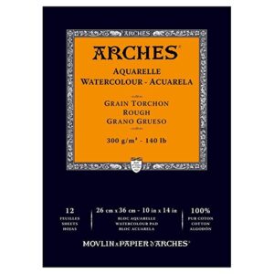 Arches Watercolour- Aquarelle – 26 cm x 36 cm Natural White Rough Grain 300 GSM Paper, Short Side Glued Pad of 12 Sheets