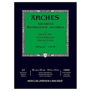 Arches Watercolour- Aquarelle – 26 cm x 36 cm Natural White Fine Grain/Cold Press 300 GSM Paper, Short Side Glued Pad of 12 Sheets