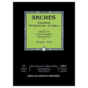 Arches Watercolour- Aquarelle – A3 (29.7 cm x 42 cm) Natural White Fine Grain/Cold Press 185 GSM Paper, Short Side Glued Pad of 15 Sheets