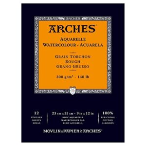 Arches Watercolour- Aquarelle – 23 cm x 31 cm Natural White Rough Grain 300 GSM Paper, Short Side Glued Pad of 12 Sheets